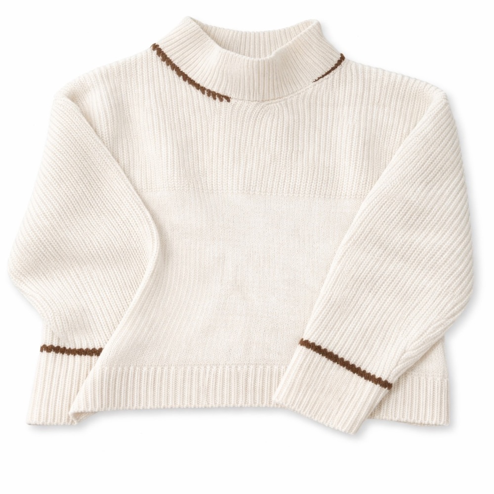 The Knotty Ones Cream Chunky Knit Sweater Brown Whip Stitch Trim Artisan